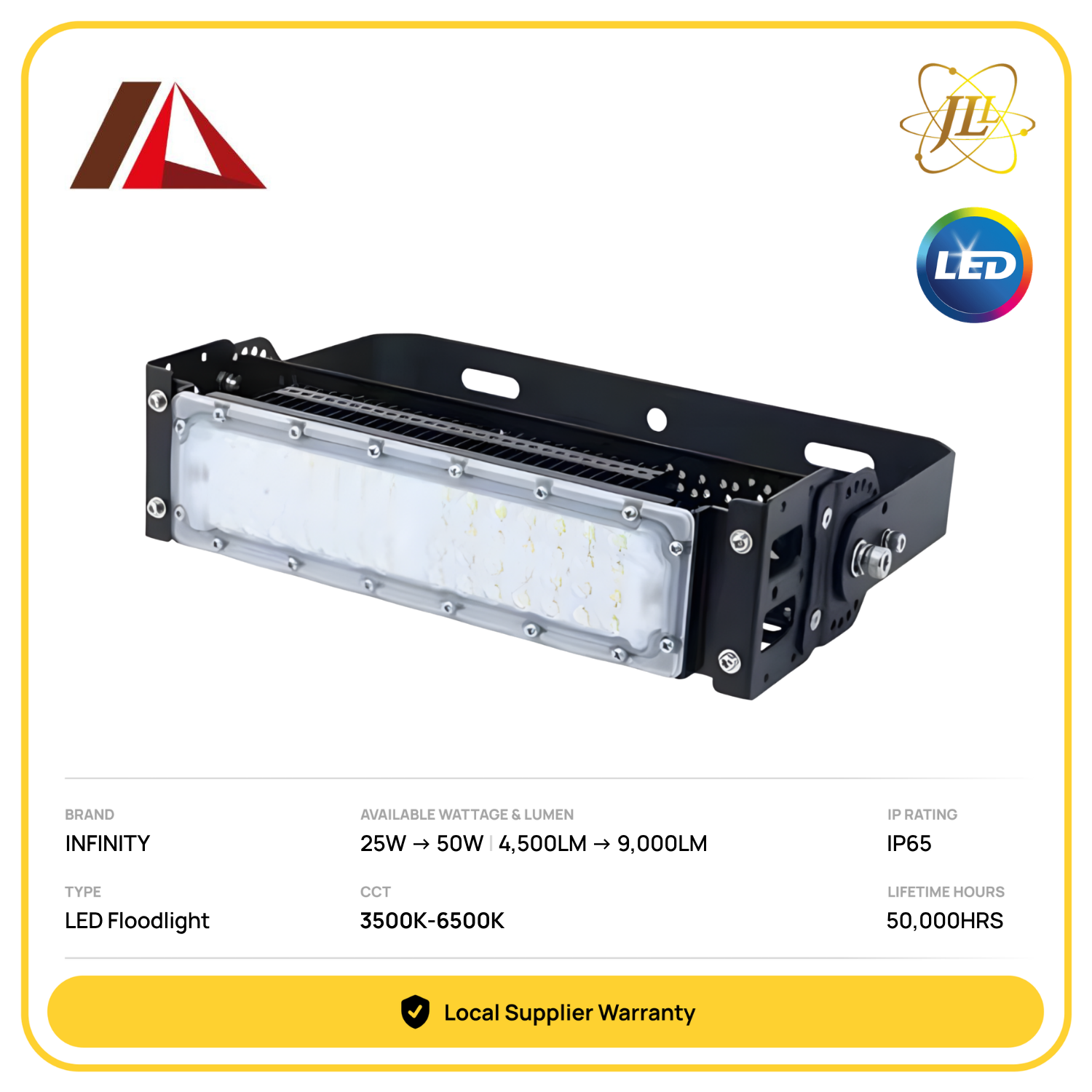 INFINITY HIGH POWERED LED FLOODLIGHT TUNABLE 3500K-6000K 50,000HRS IP65 CRI75 [25W/50W] [4500LM/9000LM] [60D/90D]