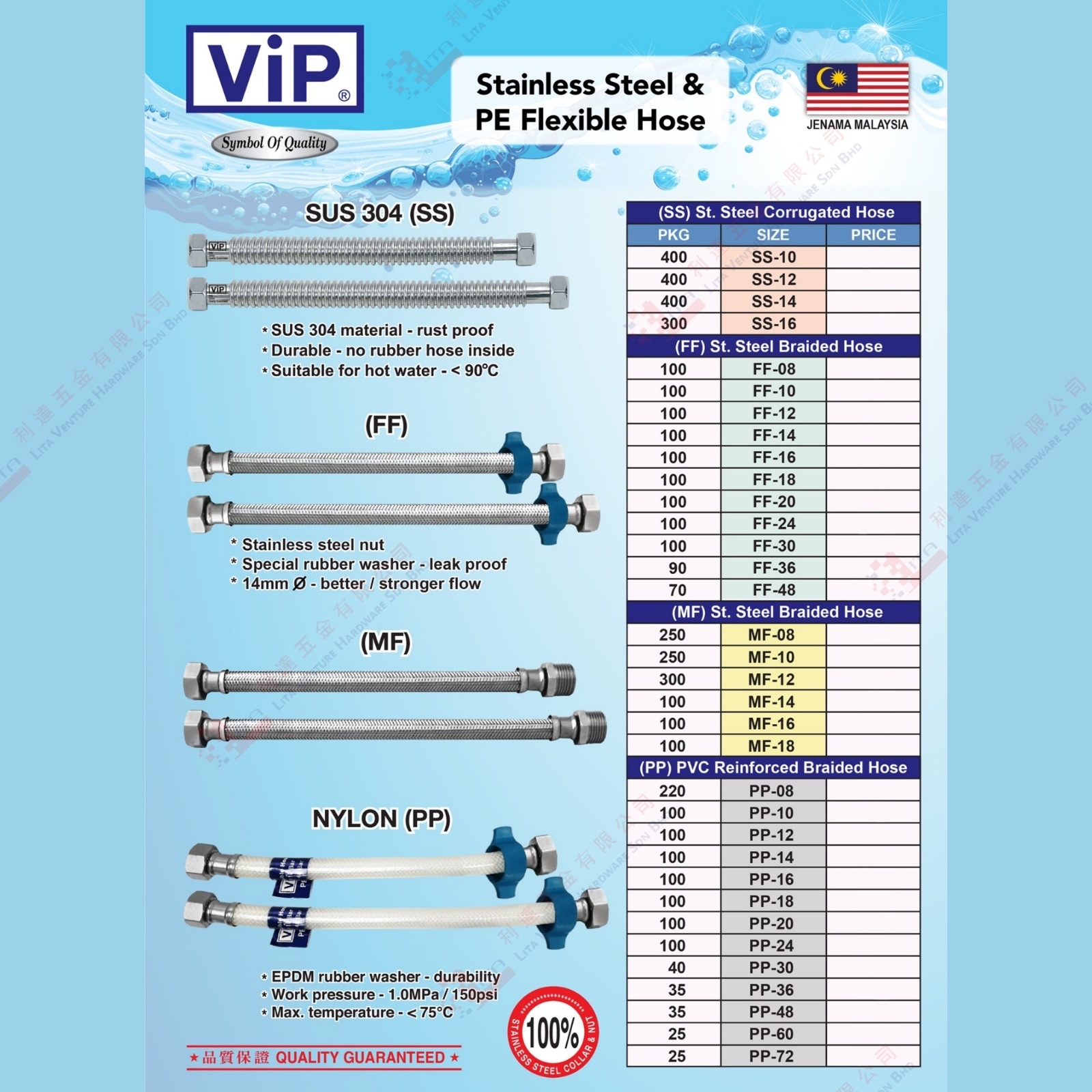 VIP BRAND STAINLESS STEEL & PE FLEXIBLE HOSE - SUS304 SS FF MF NYLONPP