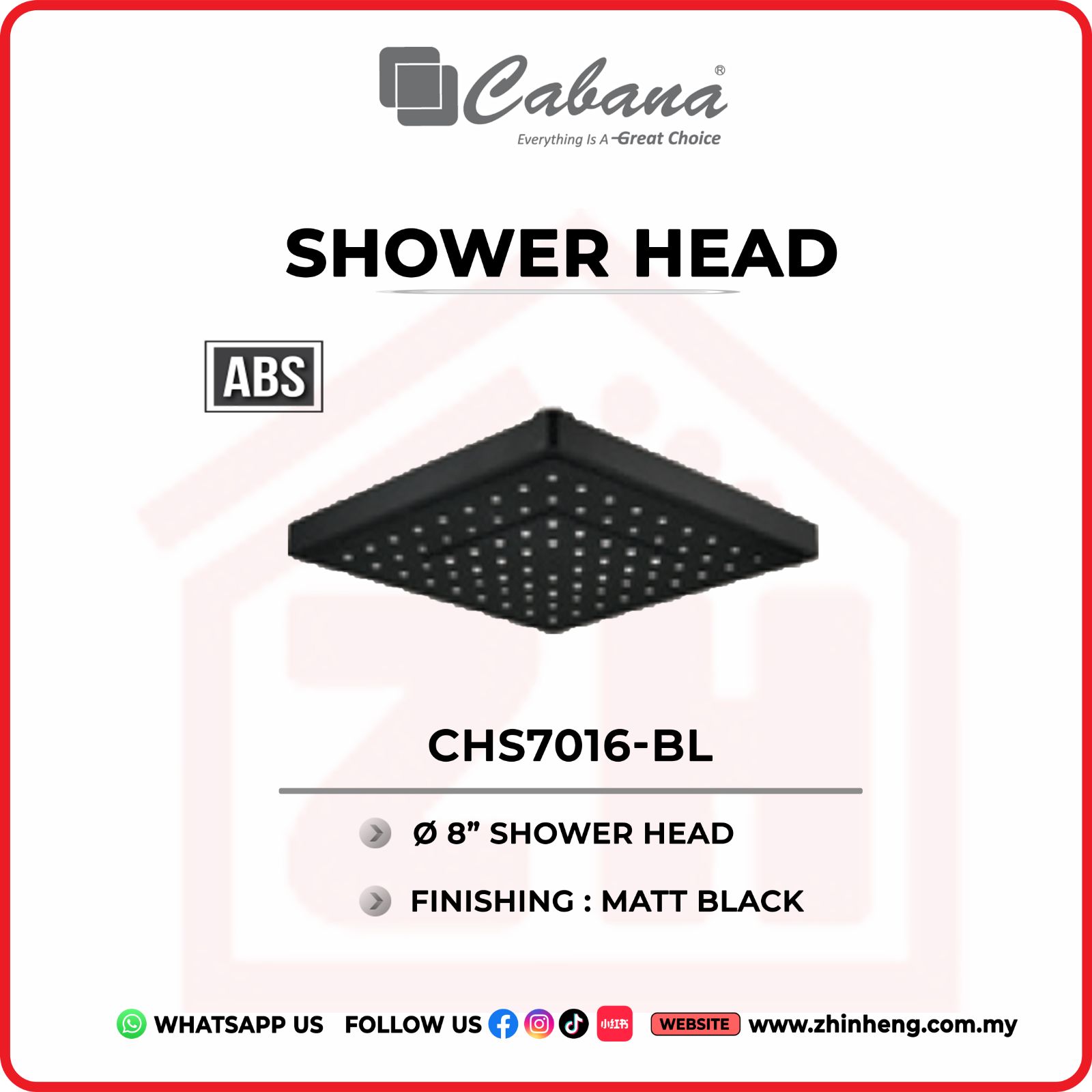CABANA 8” SQUARE SHOWER HEAD  CSH7016-BL