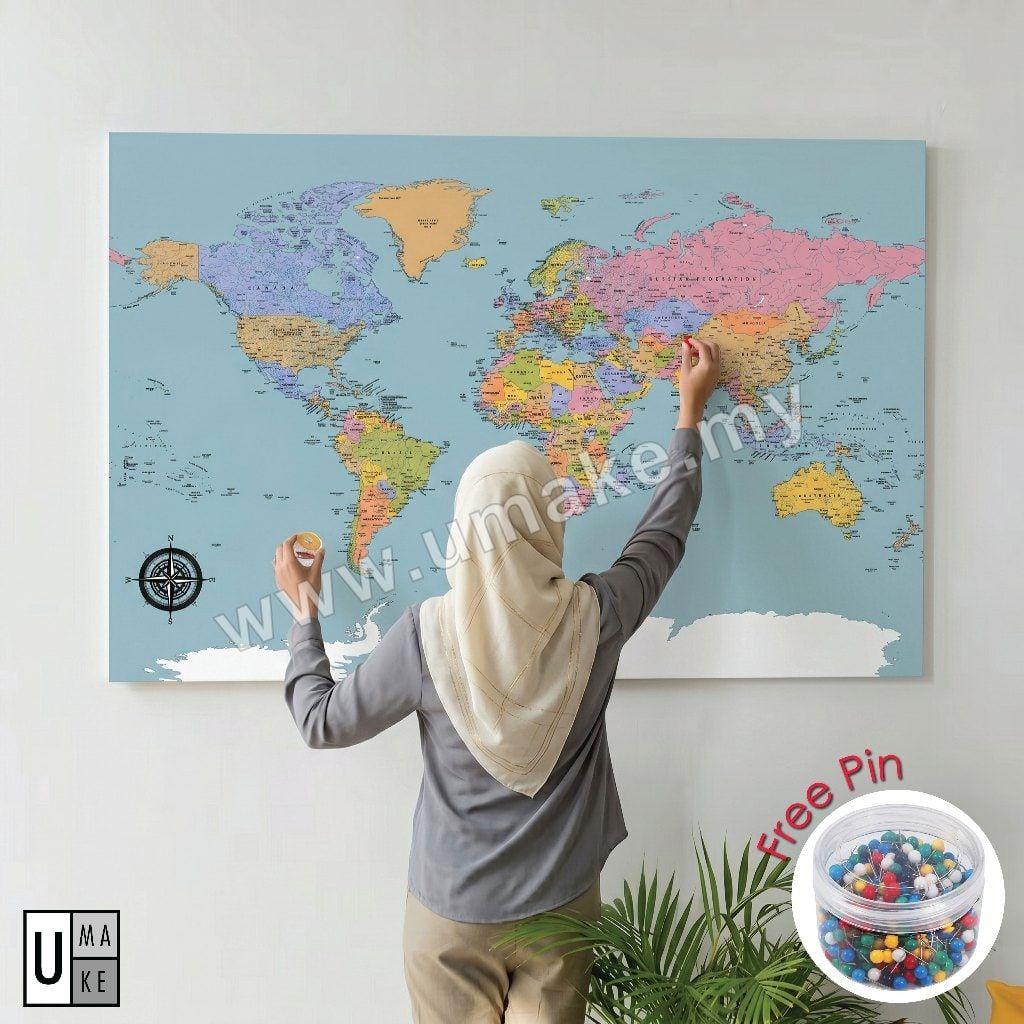 Push Pin World Map Wall Art | Places You've Been Travel Map Pin Board (Malaysia)
