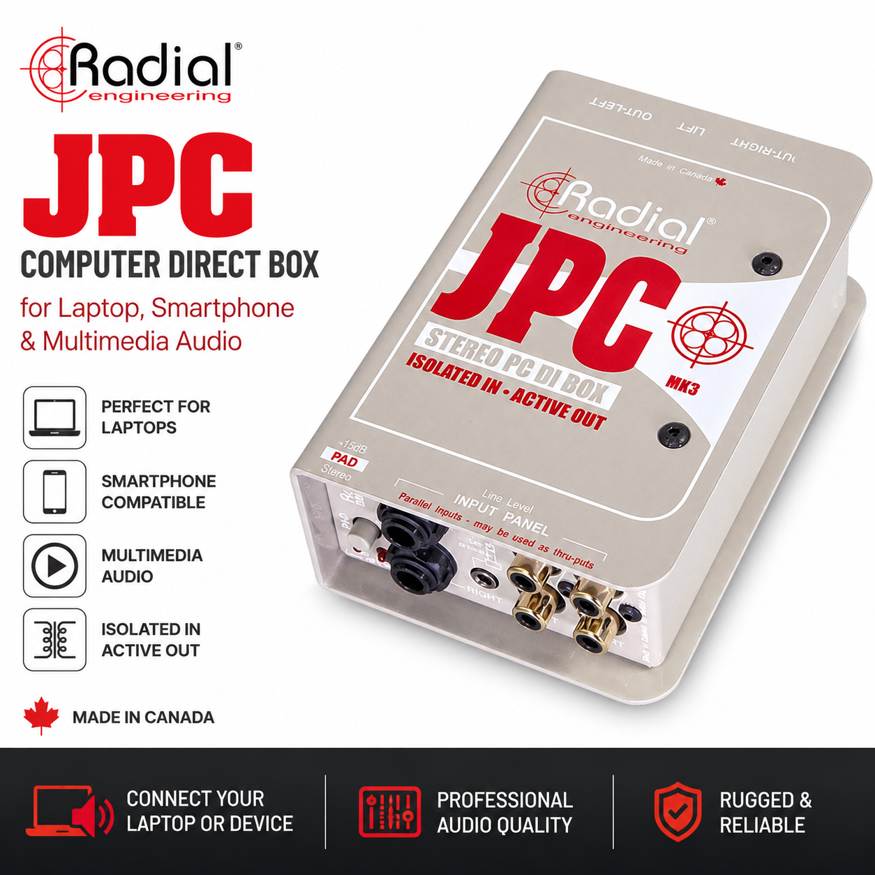 Radial Engineering JPC 电脑音频 DI 盒｜笔记本电脑与多媒体音频接口解决方案