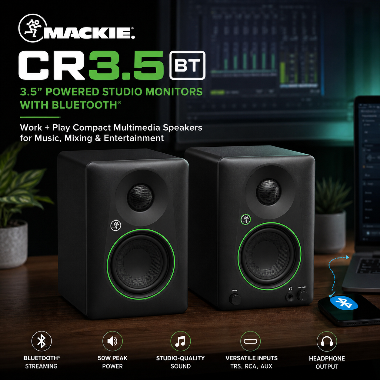 Mackie CR3.5BT 3.5" Powered Studio Monitors with Bluetooth | Work + Play Compact Multimedia Speakers for Music, Mixing & Entertainment