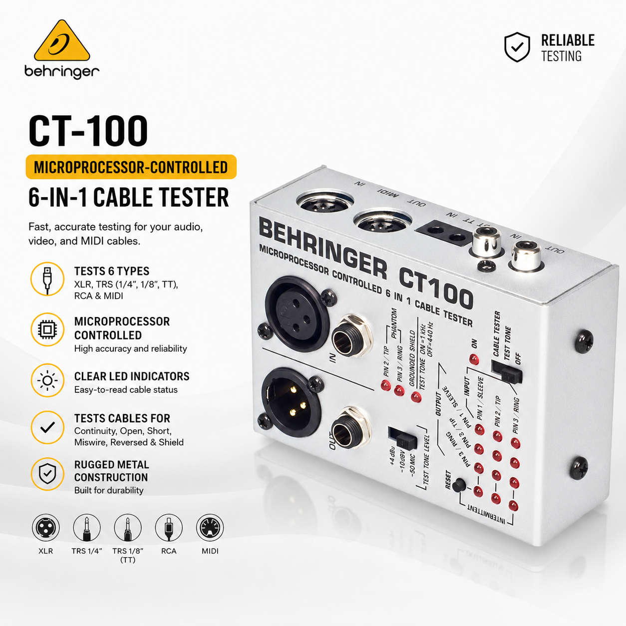 Behringer CT-100 – Penguji Kabel 6-dalam-1 dengan Mikroprosesor untuk XLR, TRS (1/4", 1/8", TT), RCA & MIDI