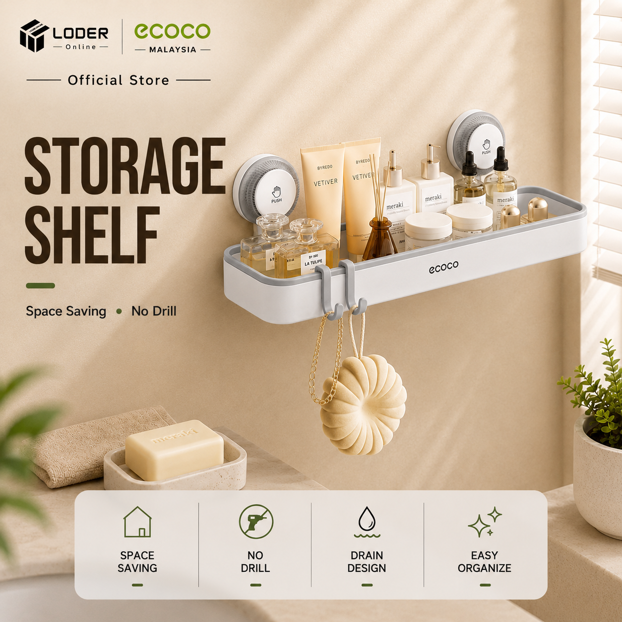 LODER ECOCO Bathroom Storage Shelf Wall Mounted Organizer Rack No Drill Shower Shelf Suction Holder