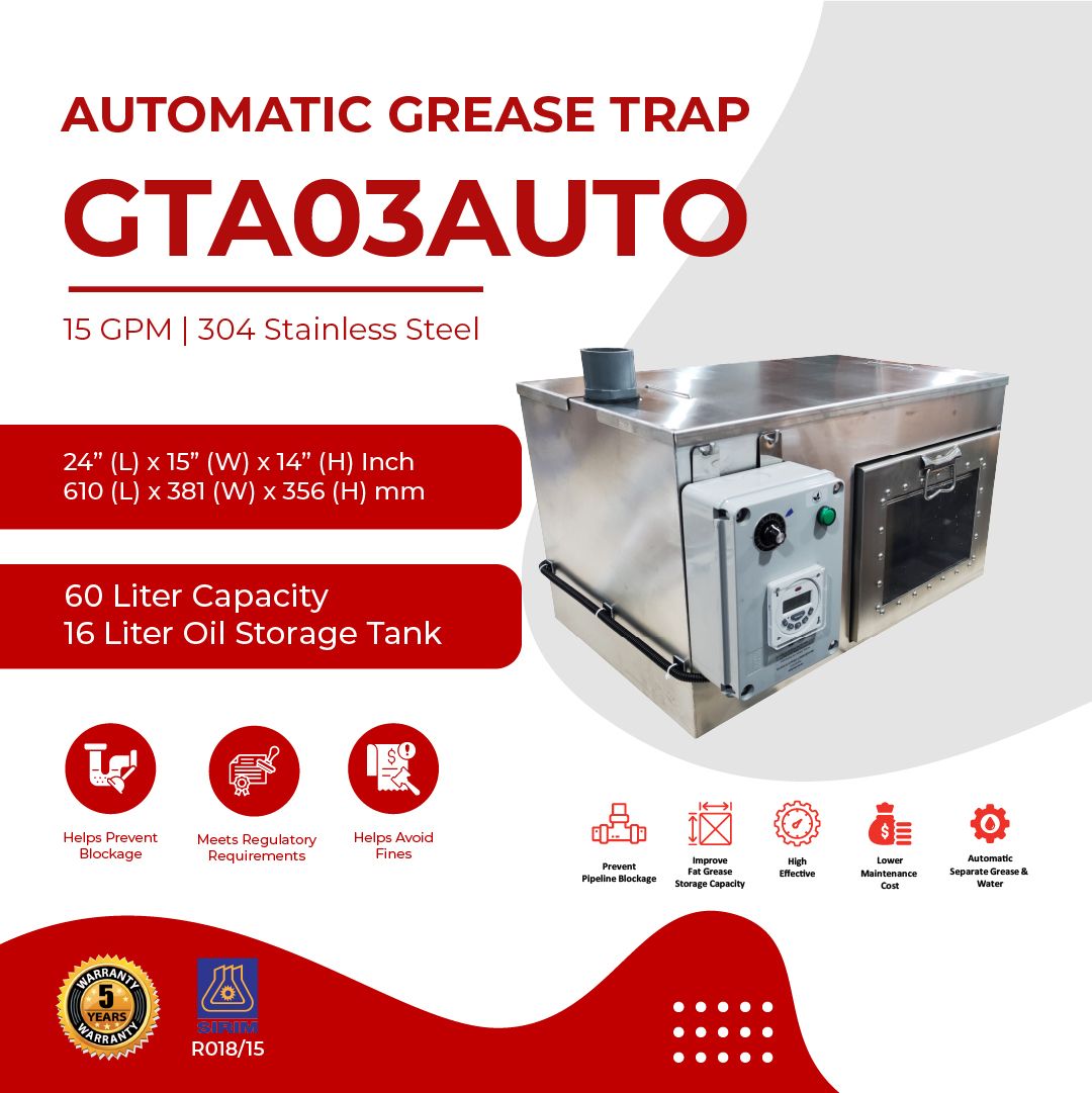 Undersink Automatic Grease Trap GTA03AUTO | 20 GPM | 60 Liter Capacity @ 16 Liter Oil Storage Capacity