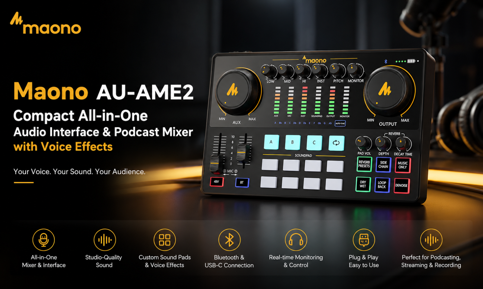 Maono AU-AME2 – 迷你一体式音频接口与播客混音器，内置语音效果