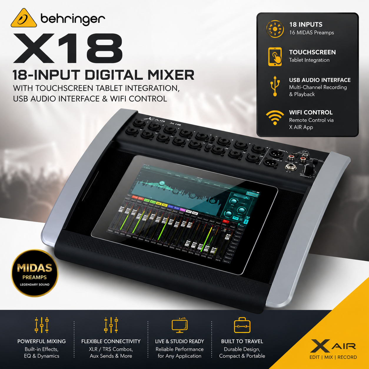 Behringer X18 – Pencampur Digital 18-Input dengan Integrasi Tablet Skrin Sentuh, Antaramuka USB & Kawalan WiFi
