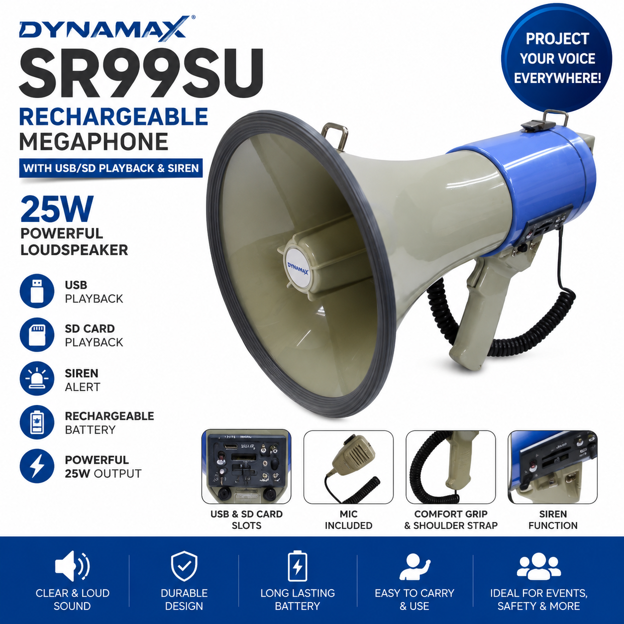 Dynamax SR99SU Rechargeable Megaphone with USB/SD Playback & Siren – 25W Loudspeaker with Mic & Strap
