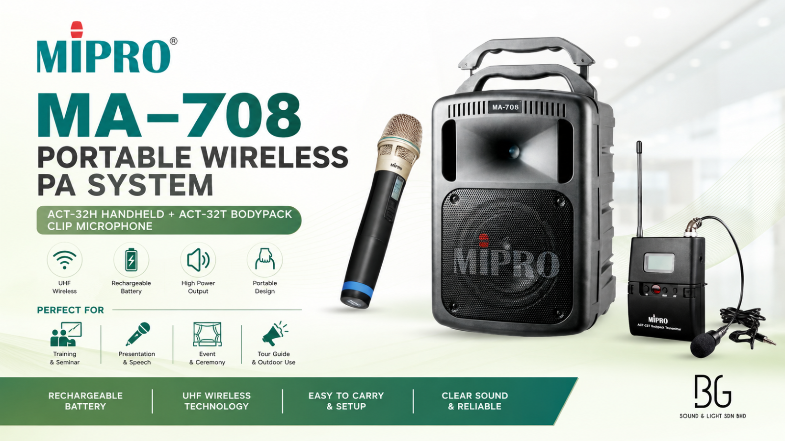MIPRO MA-708 Portable Wireless PA System with ACT-32H Handheld + ACT-32T Bodypack Clip Microphone – Rechargeable Speaker for Event & Training