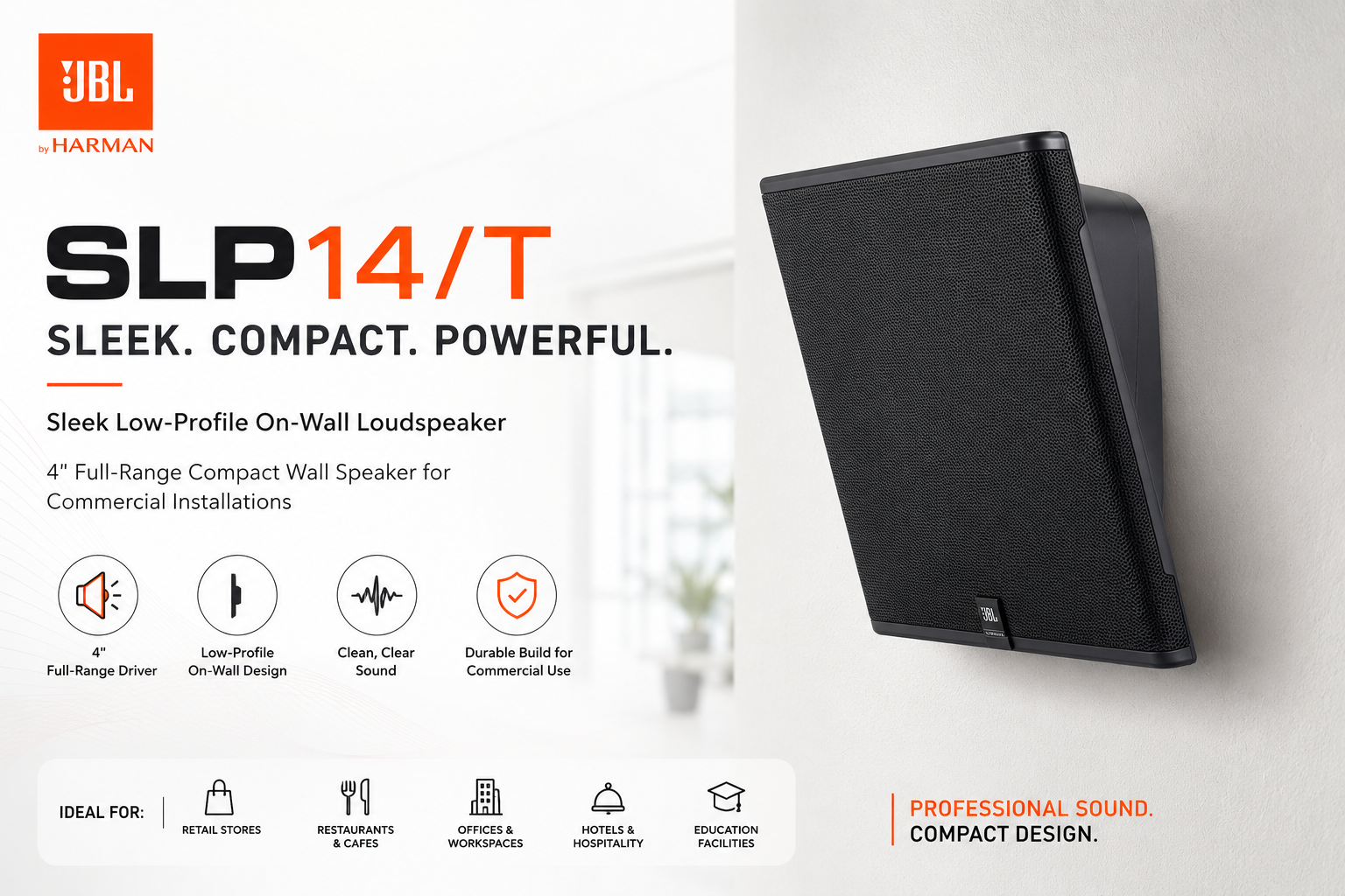 JBL SLP14/T – Pembesar Suara Dinding Ramping & Moden (4" Full-Range Speaker Komersial Pemasangan Dinding)