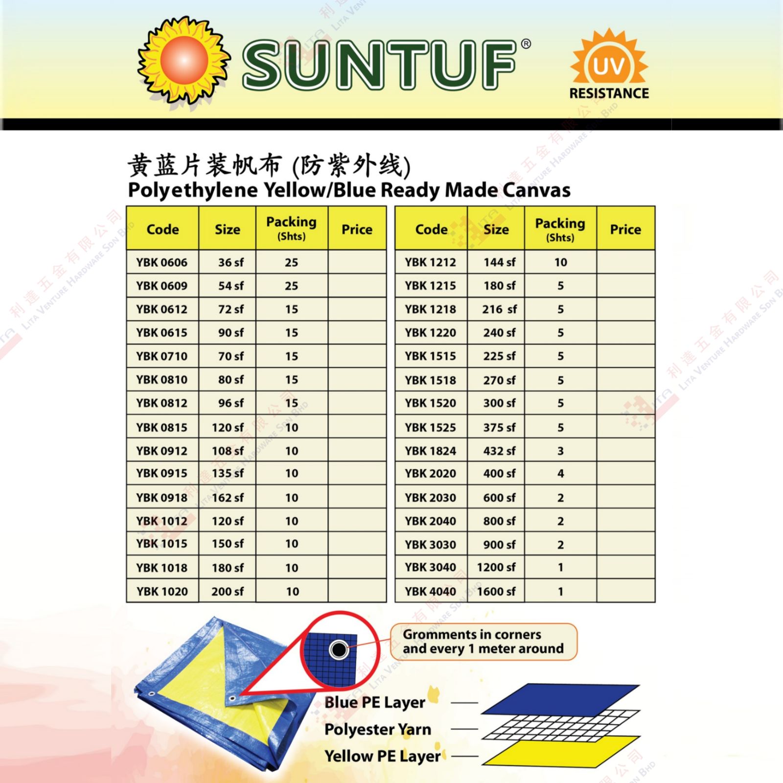 SUNTUF BRAND POLUETHYLENE YELLOE BLUE READY MMADE CANVAS - YBK0606 YBK0609 YBK0612 YBK0710 ..YBK4040