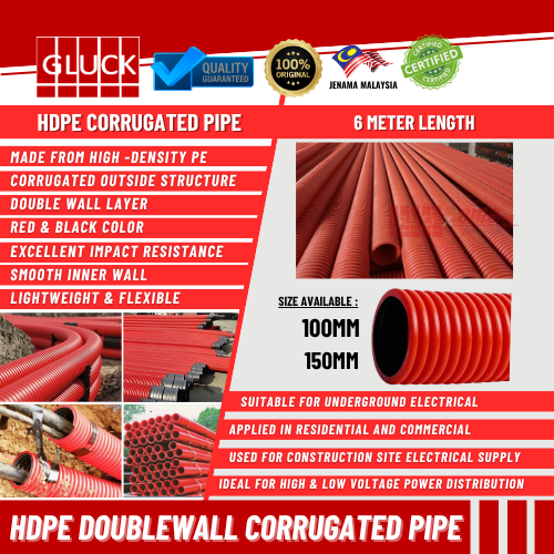 100MM/ 150MM X6M HDPE DOUBLE WALL CORRUGATED CABLE PIPE 4"/ 6" X6M