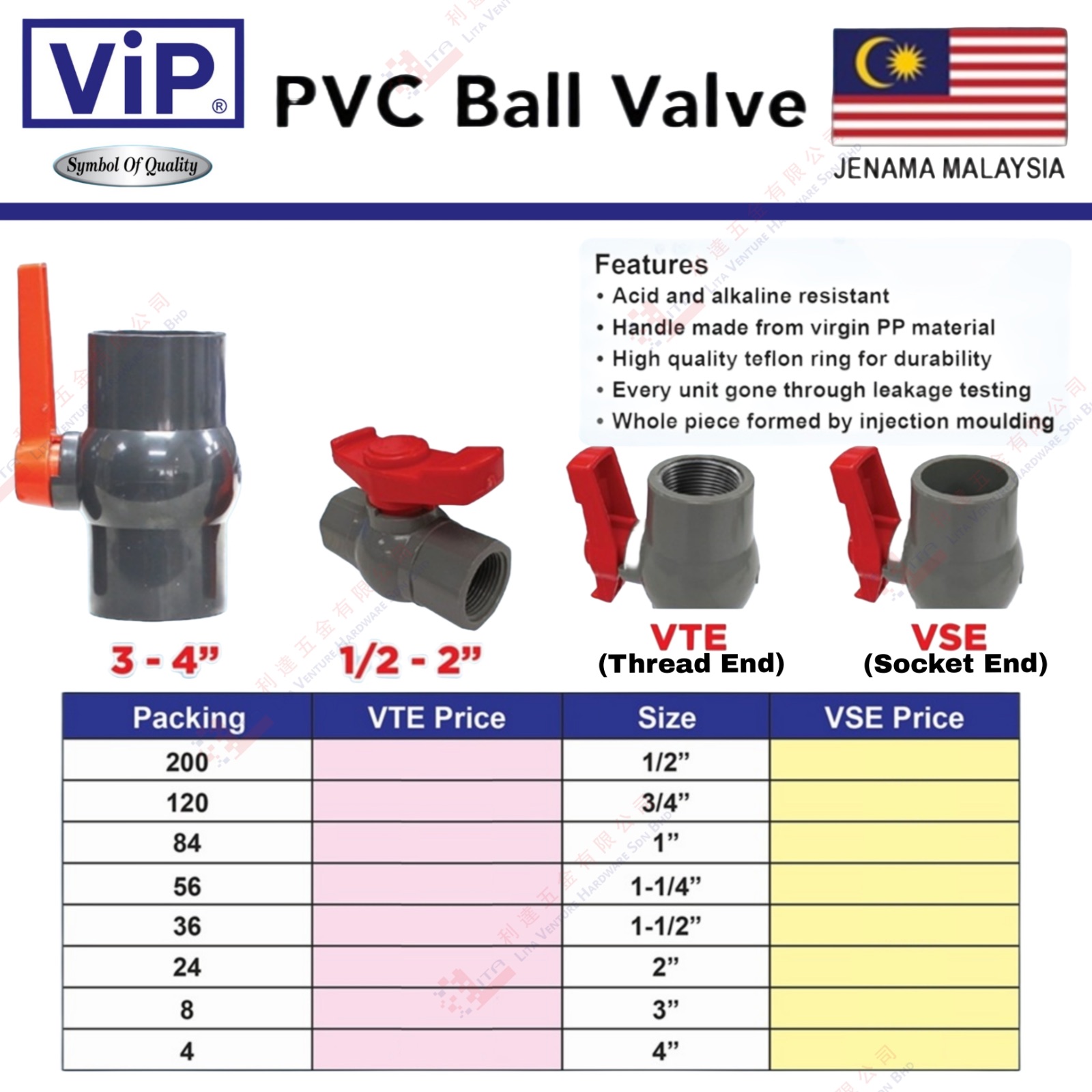 VIP BRAND PVC BALL VALVE - VTE VSE