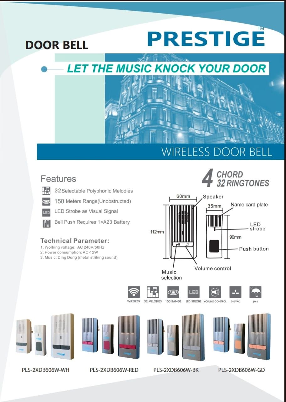 PRESTIGE WIRELESS DOOR BELL 4CHORD 32 RINGTONES