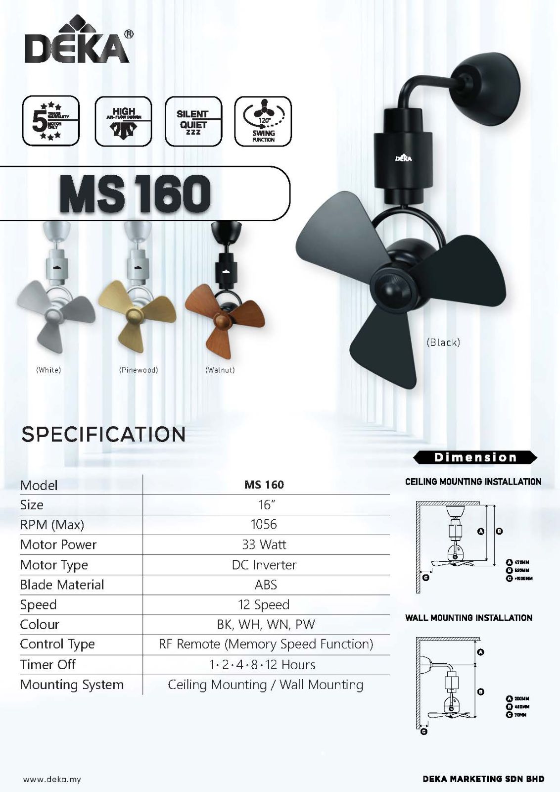 16" DEKA CORNER FAN (MS160) (WHITE / BLACK / PINEWOOD / WALNUT)