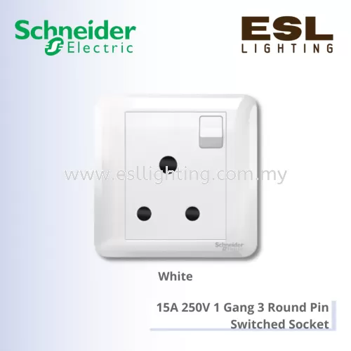SCHNEIDER Affle Plus 15A 250V 1 Gang 3 Round Pin Switched Socket - A3G15_15_WE_G11