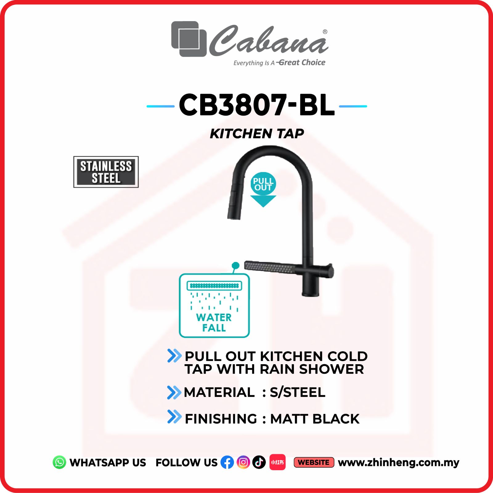CABANA Pull Out Kitchen Cold Tap with Rain Shower CB3807-BL