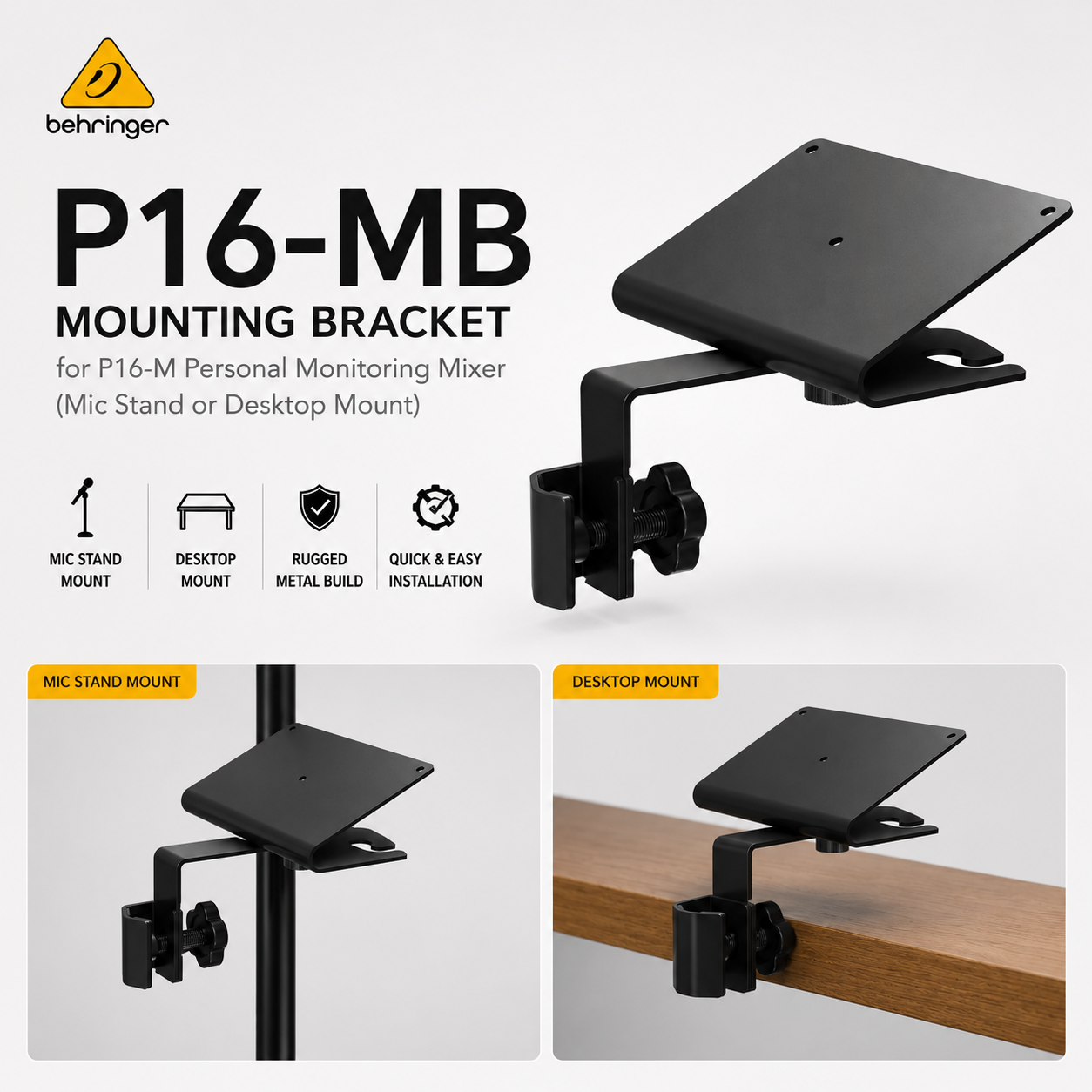 Behringer P16-MB – Braket Pemasangan untuk P16-M Pengadun Monitor Peribadi (Pemasangan Kaki Mikrofon atau Meja)