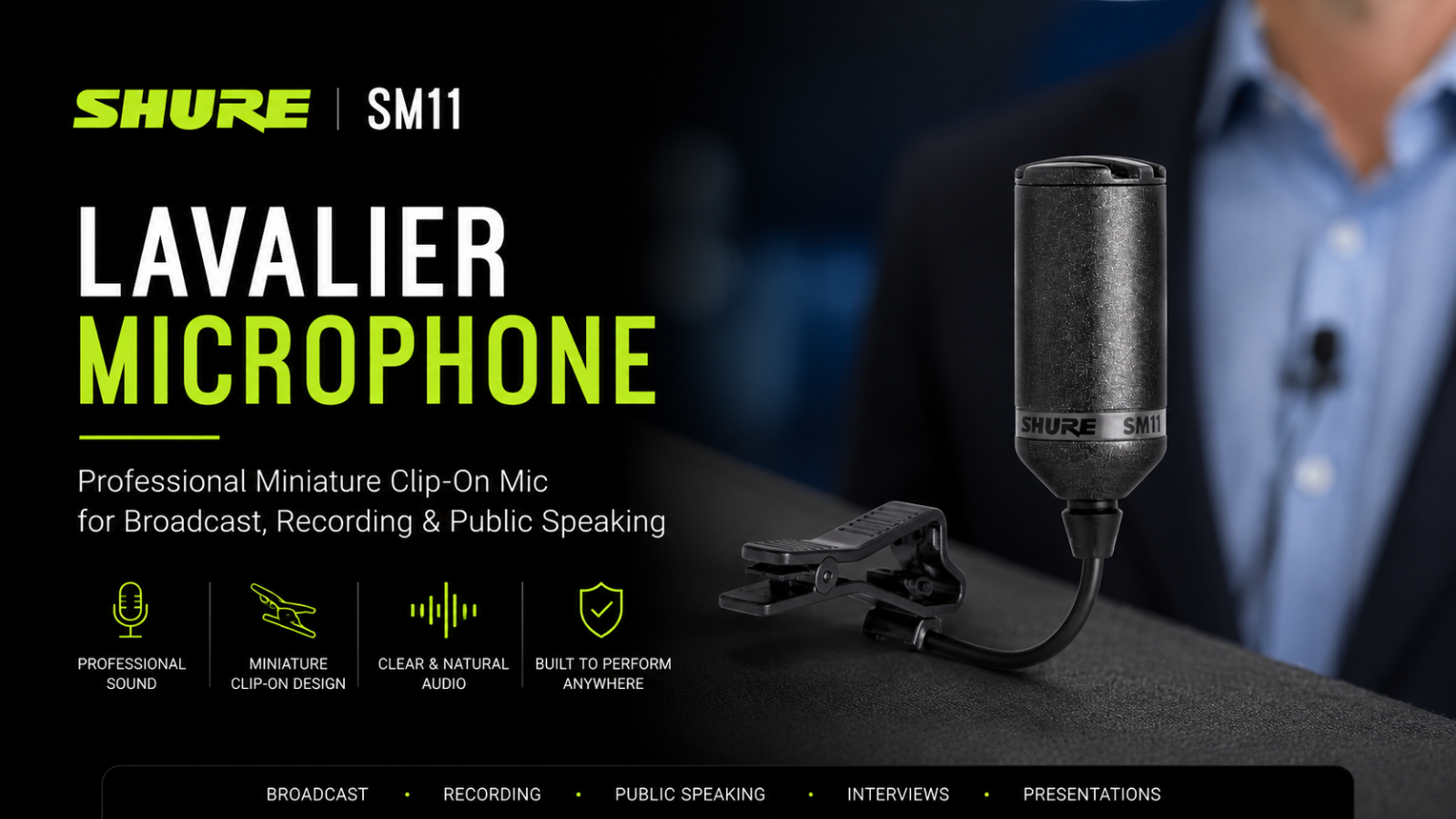 Shure SM11 Lavalier Microphone – Professional Miniature Clip-On Mic for Broadcast, Recording & Public Speaking