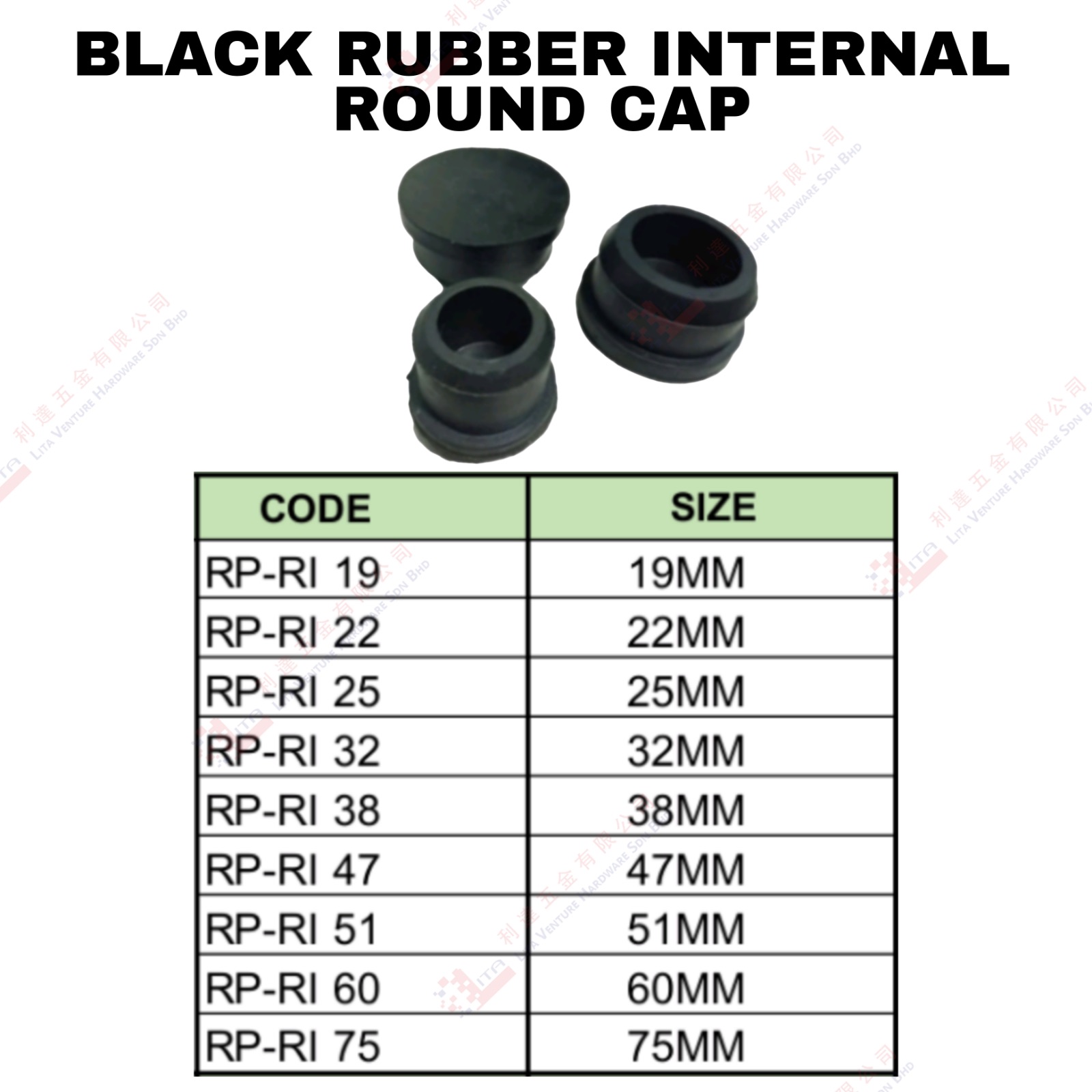 BLACK RUBBER INTERNAL ROUND CAP - RPRI 19 RPRI22 RPRI25 RPRI32 RPRI38 RPRI47 RPRI51 RPRI60 RPRI75