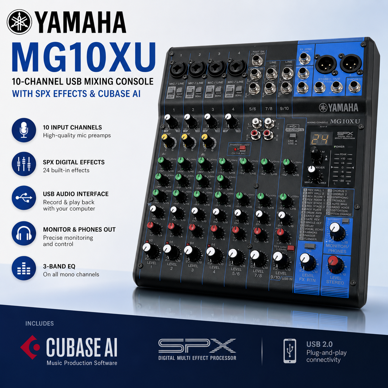 Yamaha MG10XU – Konsol Pencampuran 10-Saluran USB dengan Kesan SPX & Cubase AI