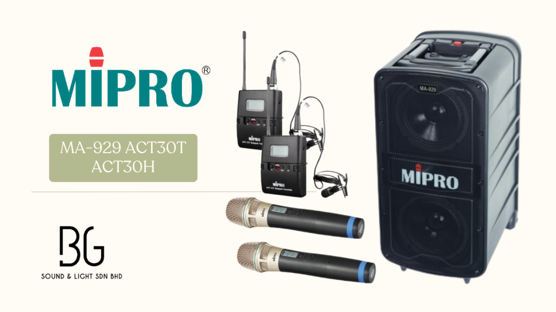MIPRO MA-929 Portable Wireless PA System with 2 Handheld & 2 Clip-On Microphones (ACT-32H + ACT-32T) – Professional Speaker for Church, Events & Training