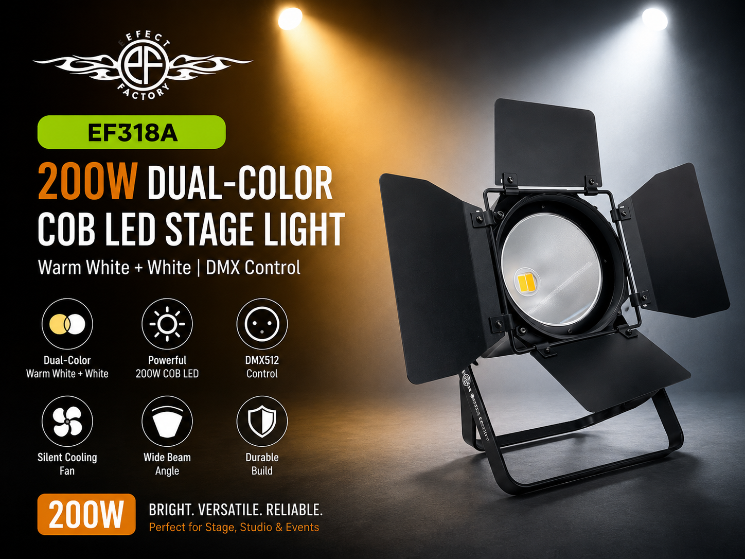EffectFactory EF318A – 200W双色COB LED舞台灯（暖白+冷白，支持DMX控制）