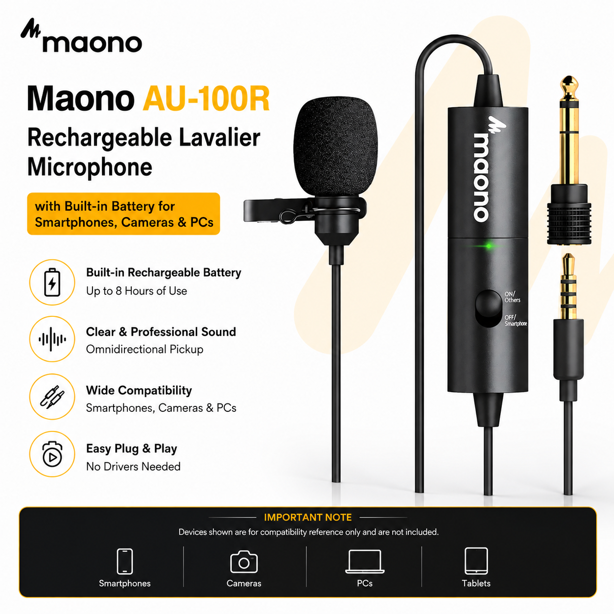 Maono AU-100R – Mikrofon Lavalier Boleh Cas Semula dengan Bateri Terbina untuk Telefon Pintar, Kamera & PC