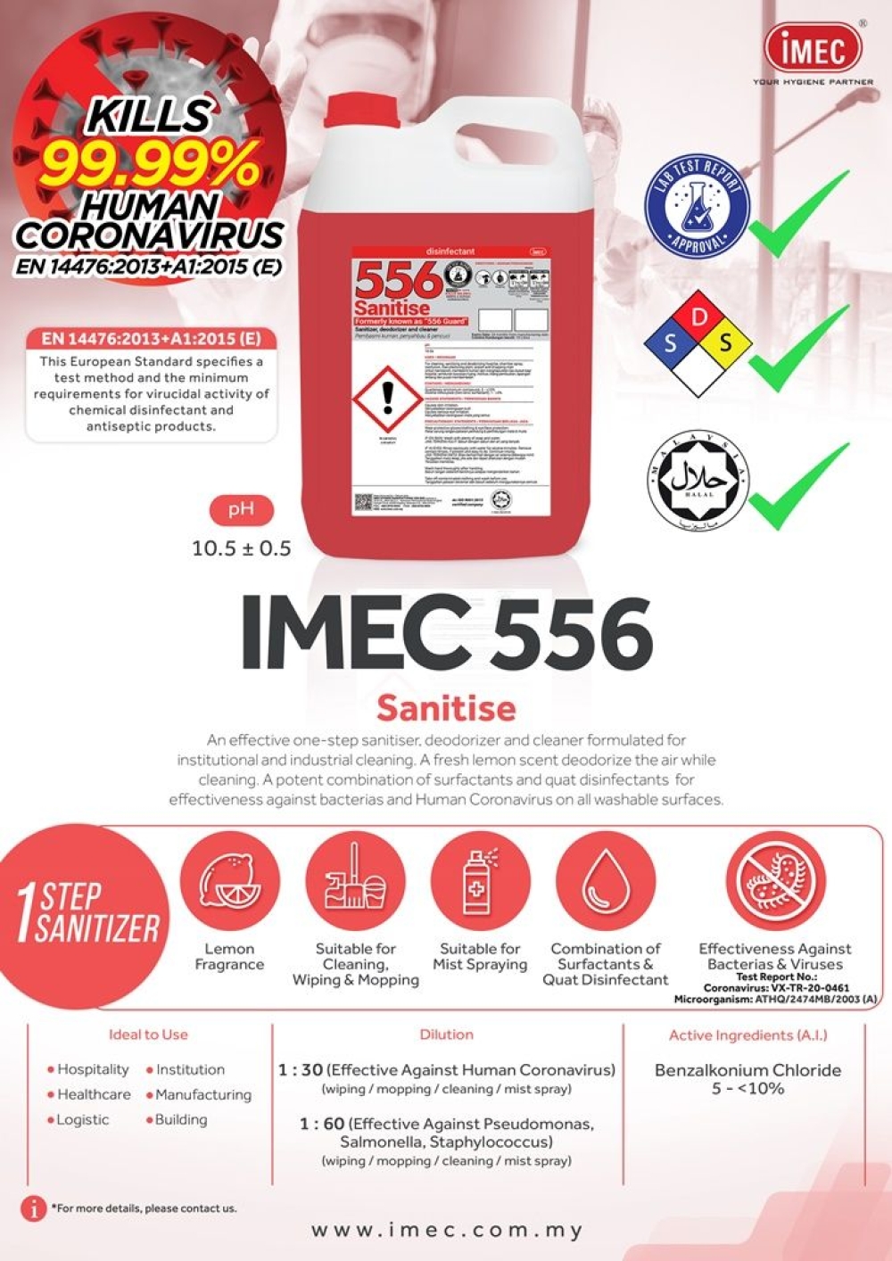 Pembersih Permukaan, Sanitizer dan Disinfektan, IMEC 556 Sanitise, EN 14476, Halal, 2 x 10L