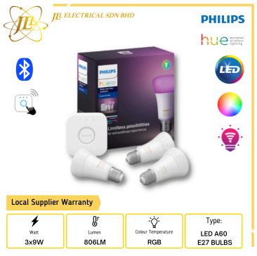 PHILIPS HUE BLUETOOTH STARTER KIT, 3 * 9W A60 E27 LED HUE SMART BULBS BLUETOOTH VERSION + HUE BRIDGE + POWER ADAPTOR + ETHERNET NETWORK CABLE (SMART LIGHT)