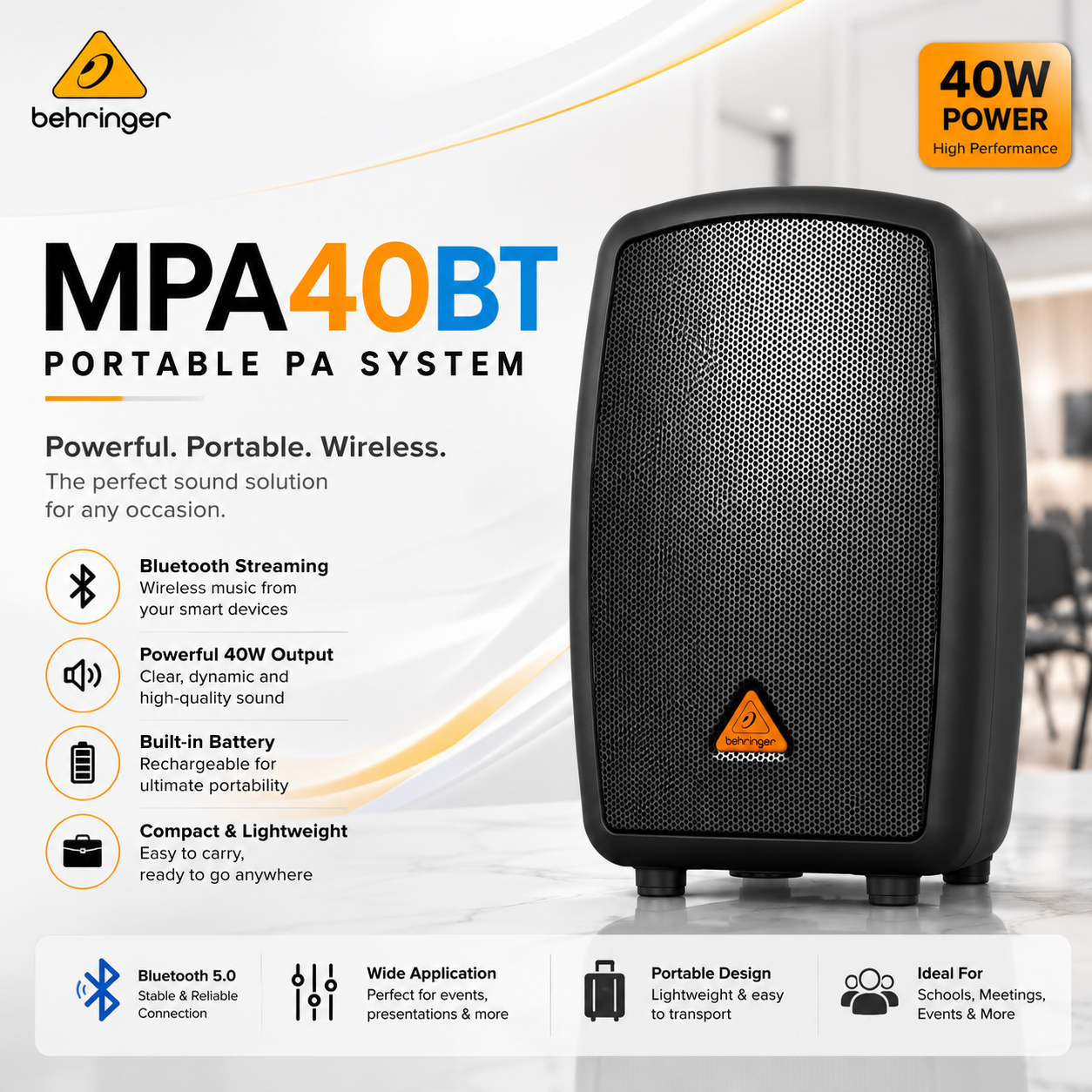 Behringer MPA40BT – Sistem PA Mudah Alih 40W dengan Penstriman Bluetooth & Sokongan Mikrofon Tanpa Wayar