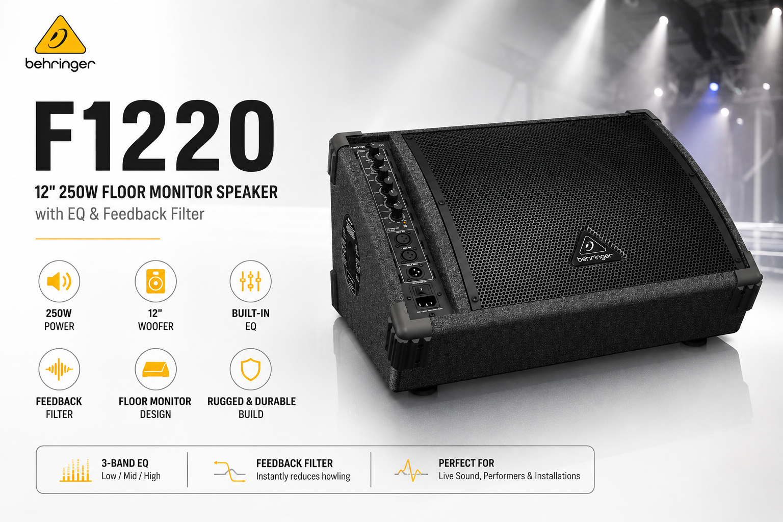 Behringer F1220 – Pembesar Suara Monitor Lantai 12" 250W dengan EQ & Penapis Maklum Balas
