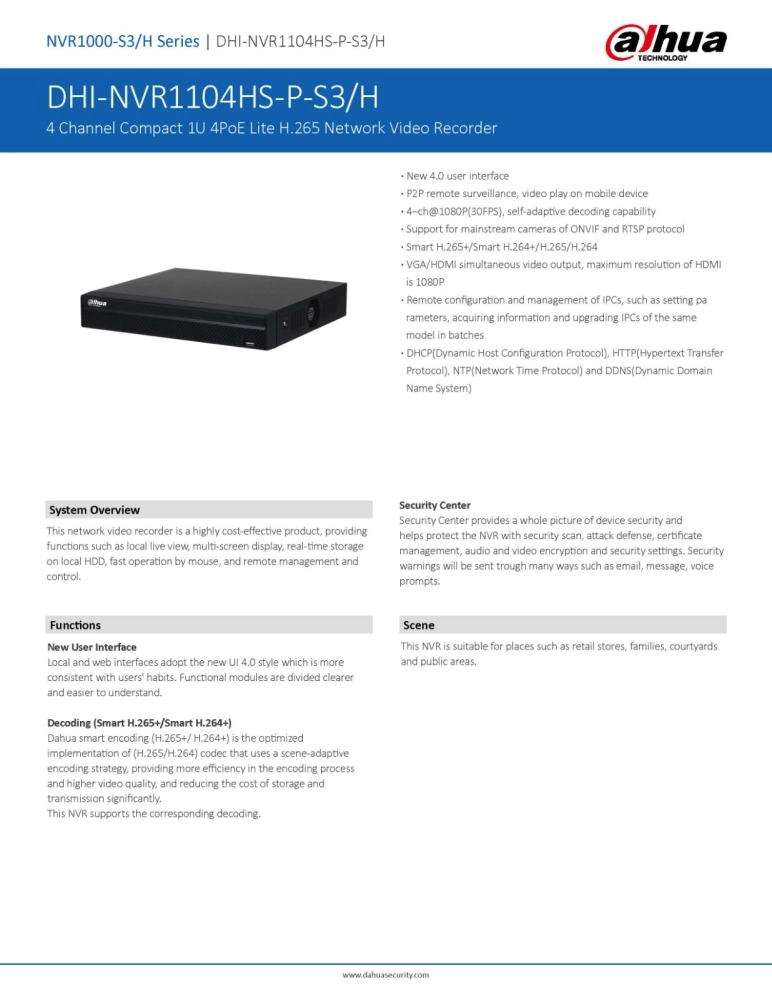 DAHUA 4 Channel NVR (DHI-NVR1104HS-P-S3/H) Compact 1U 4PoE Lite H.265 Network Video Recorder