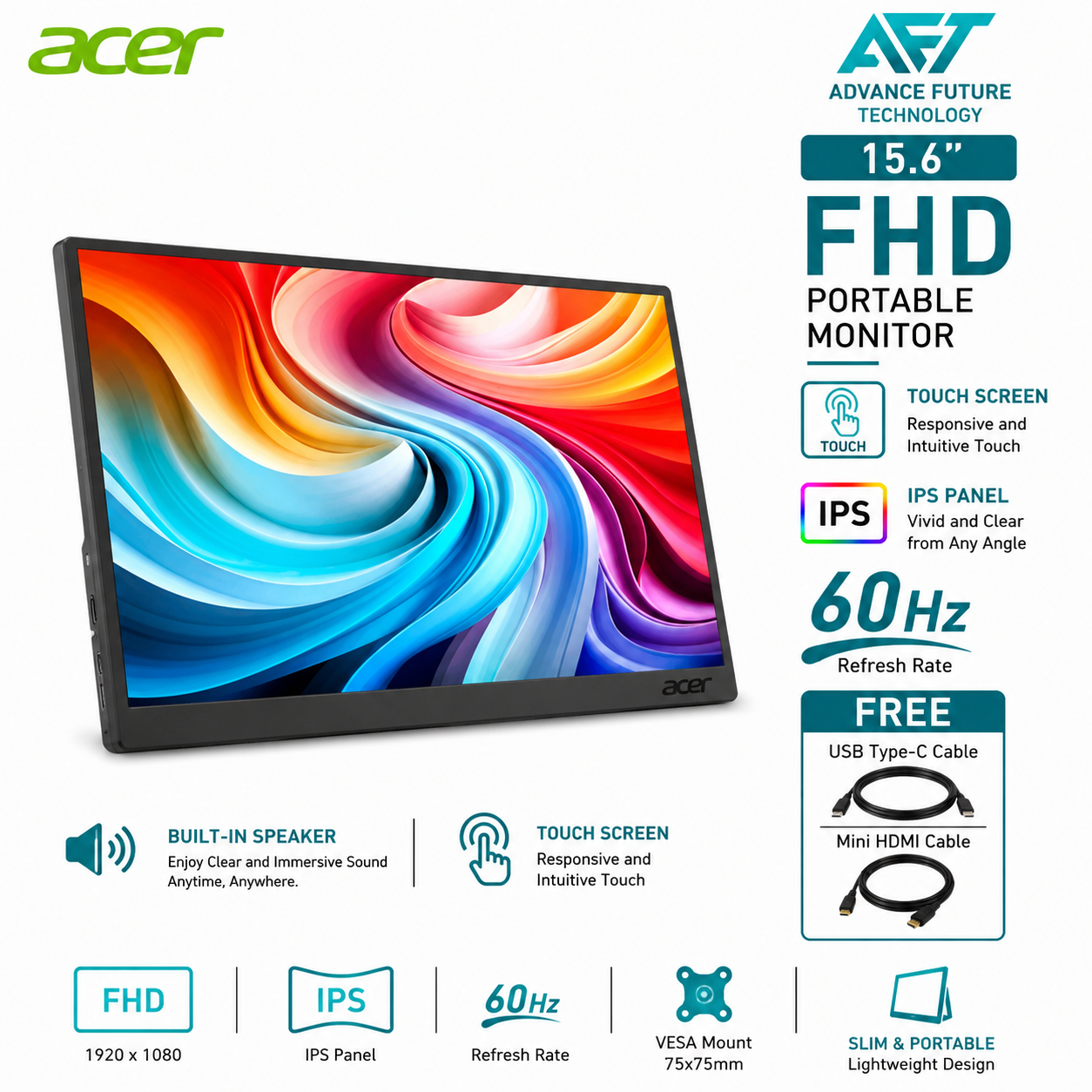 Acer PM161QT 15.6'' FHD IPS 60Hz Touch Portable Monitor ( Speaker, mini HDMI, USB-C, 3 Years Warranty )