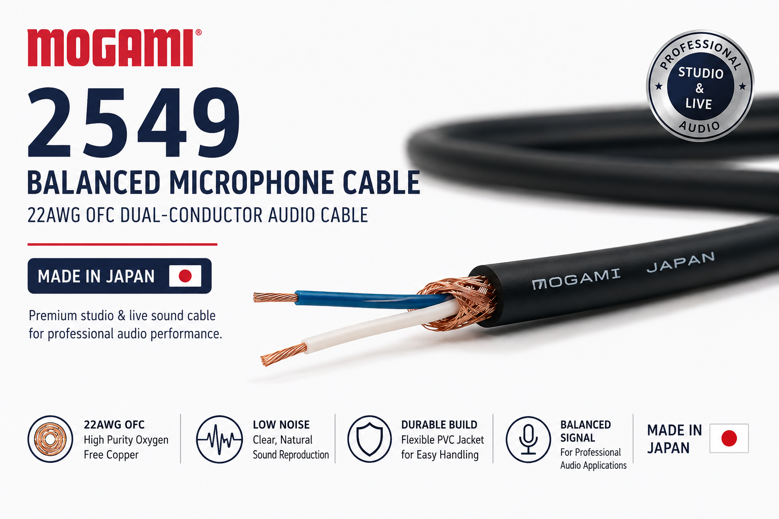 Mogami 2549 Kabel Mikrofon Seimbang – Kabel Audio OFC Dua Konduktor 22AWG (Dibuat di Jepun)