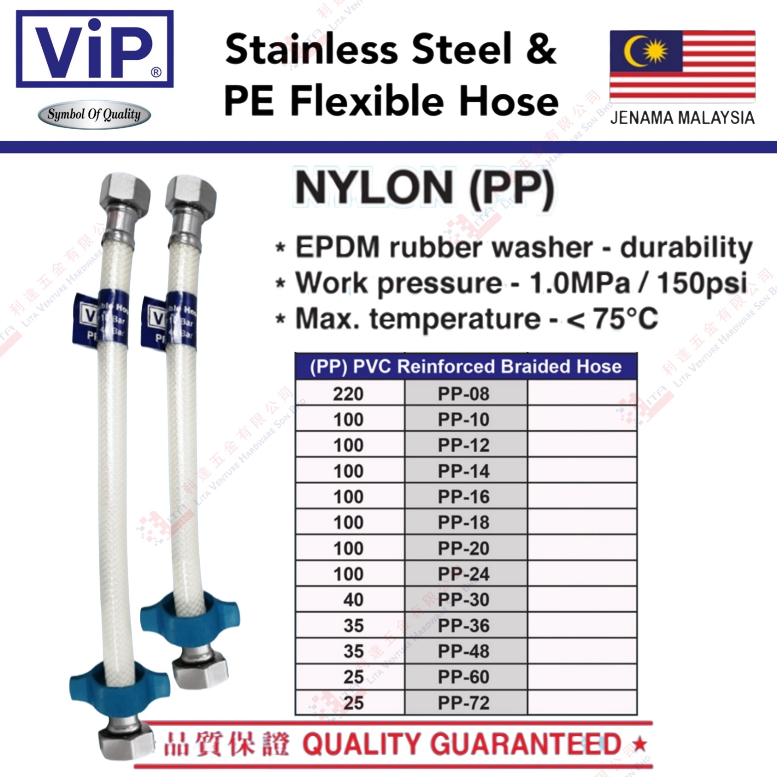 VIP BRAND NYLON(PP) FLEXIBLE HOSE - PP08 PP10 PP12 PP14 PP16 PP18 PP20  PP24 PP30 PP36 PP48 PP60 PP72