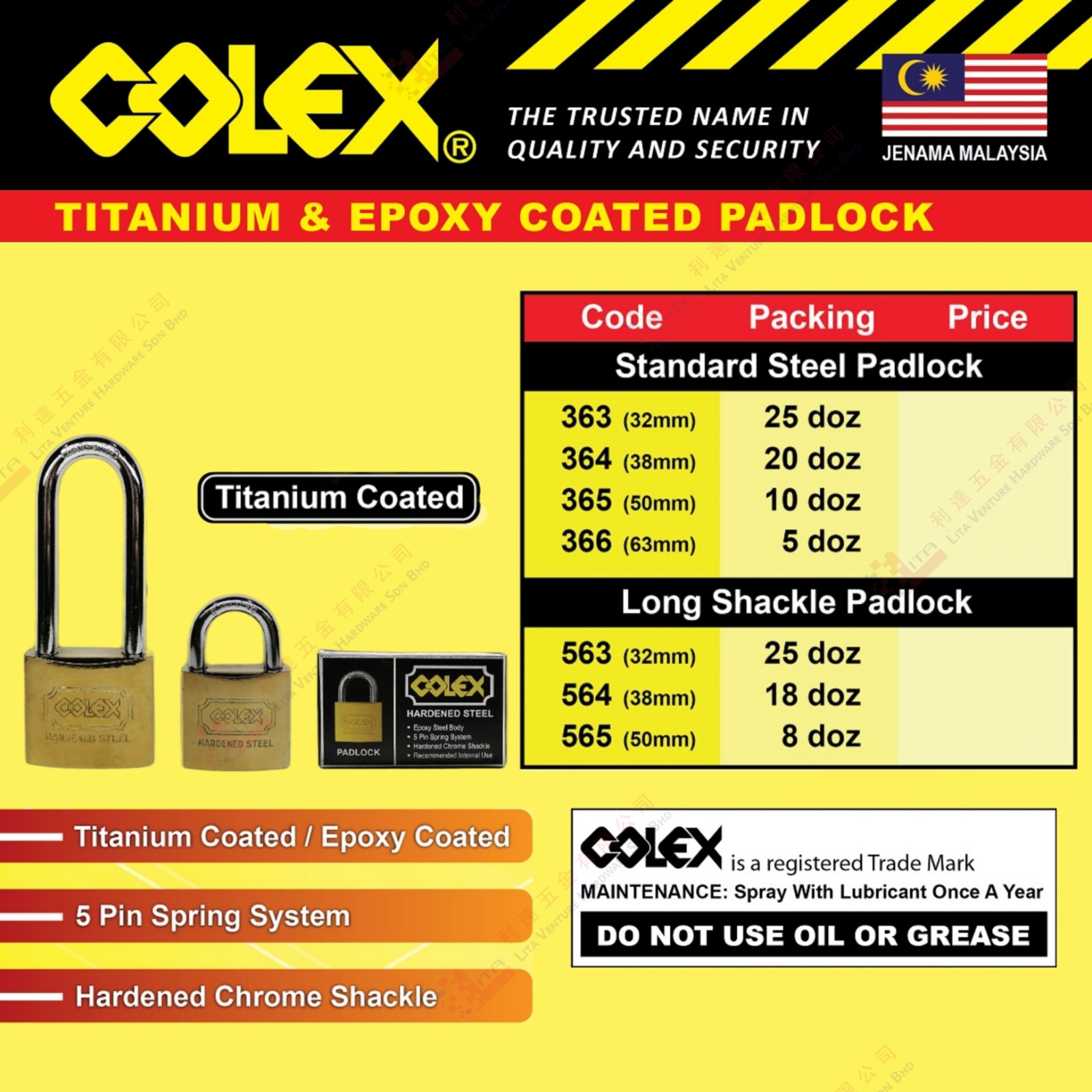 COLEX BRAND TITANIUM COATED PADLOCK - 363 364 365 366 563 564 565