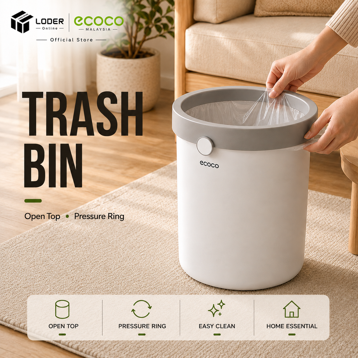 LODER ECOCO Trash Bin with Lid Bathroom Dustbin Kitchen Waste Bin Household Garbage Can Small Trash Can