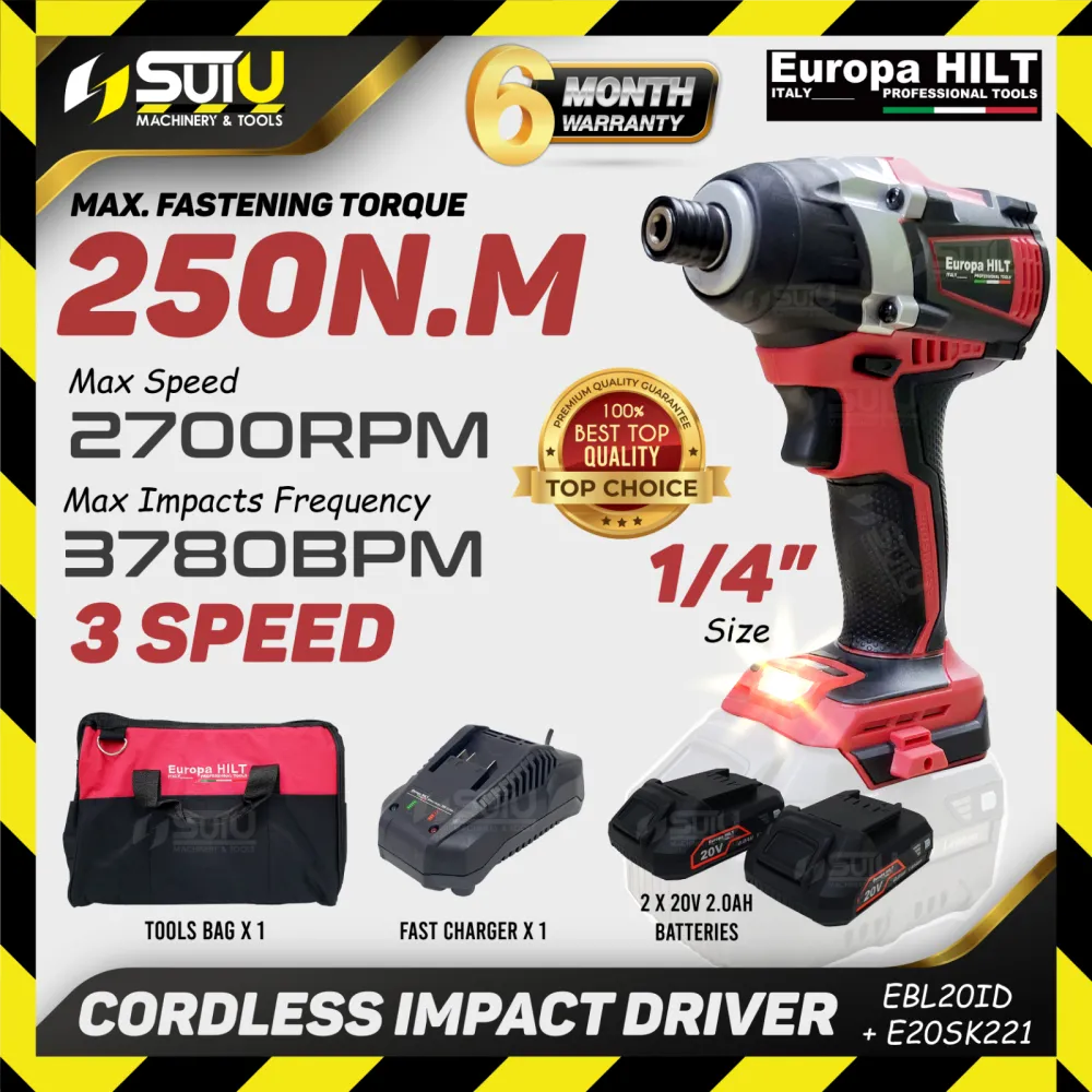 EUROPA HILT EBL20ID 20V 250NM Cordless Impact Driver with Brushless Motor 2700RPM  w/ 2 x 2.0Ah Batteries + Charger + Tools Bag