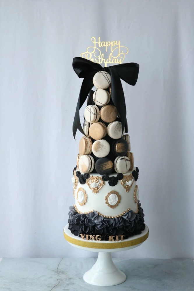 Black Gold Vintage Macaron Tower Cake