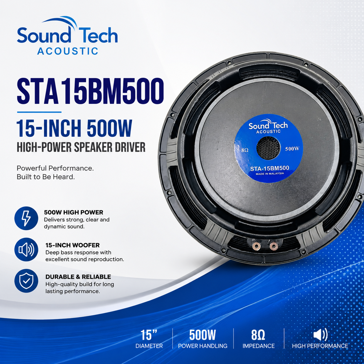 SOUNDTECH STA15BM500 – Pemacu Speaker 15-Inci 500W Berkuasa Tinggi