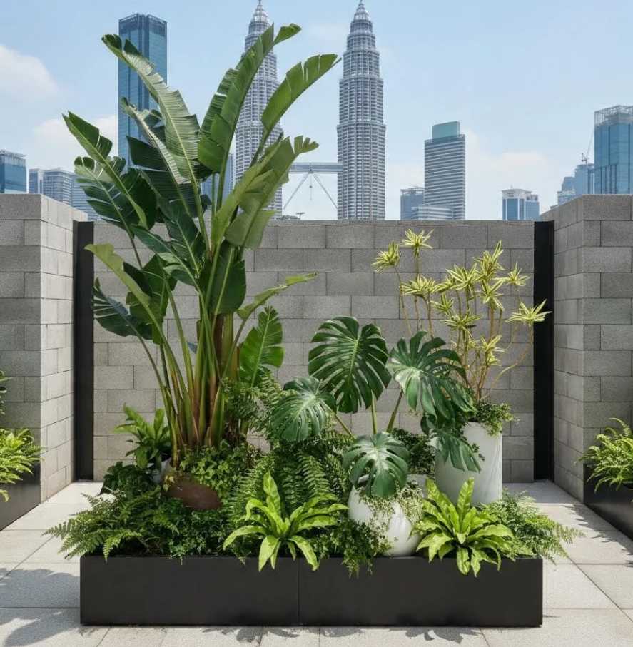 Tropical Landscape Design with Fiberglass Planters 玻璃钢花盆的热带景观设计 Reka Bentuk Landskap Tropika dengan Penanam Gentian