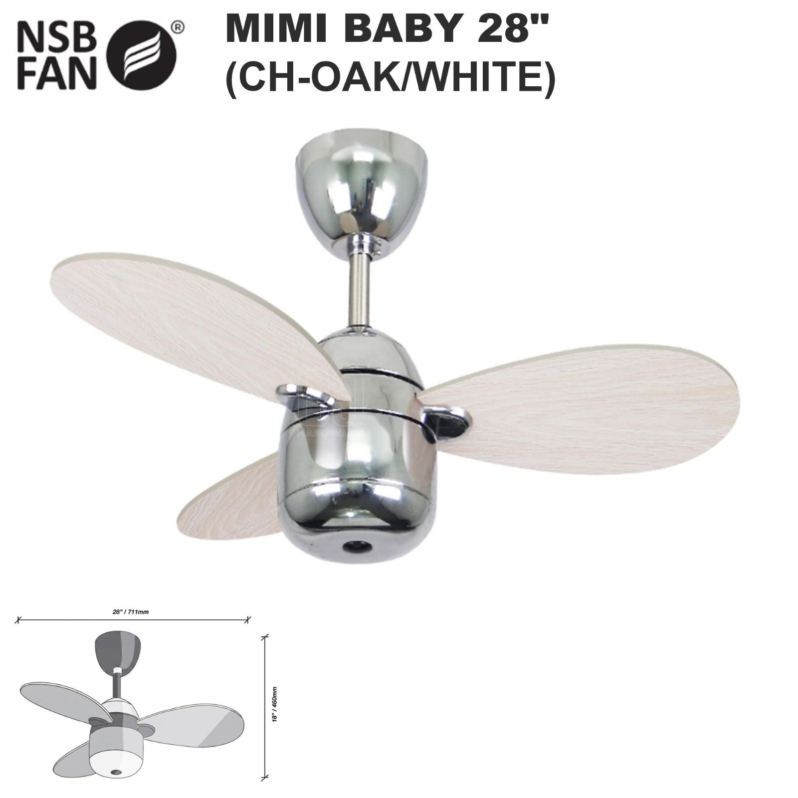 NSB MIMI BABY CEILING FAN 28" CH-OAK/WHITE