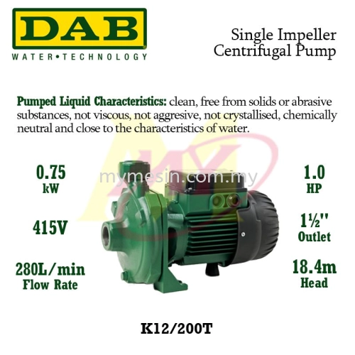 DAB K12/200T Single Impeller Centrifugal Pump 1Hp 415V 1 1/2" X 1 1/2"  [Code:3299]