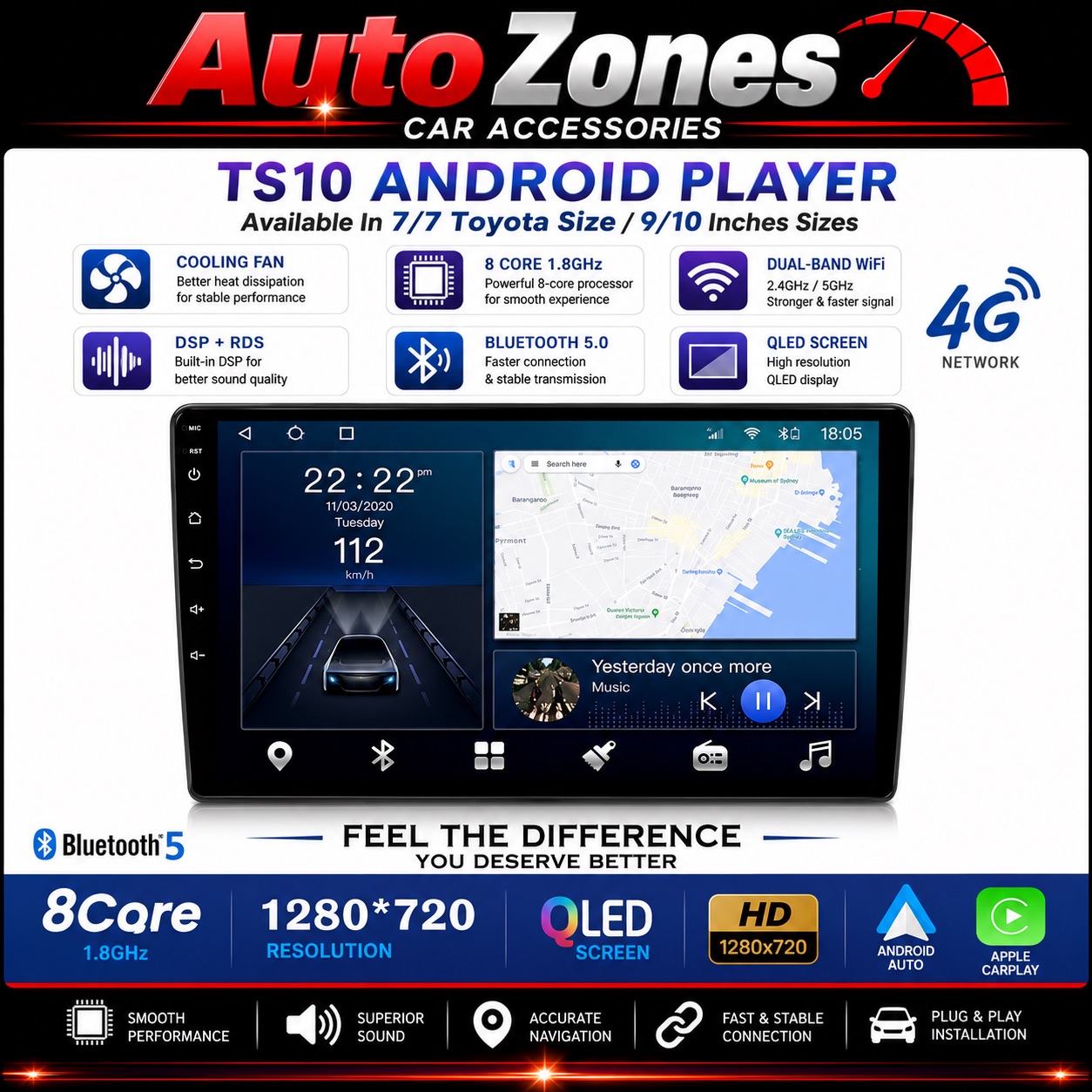 TS10 Android Car Player with Wireless Apple CarPlay & Android Auto – 8-Core QLED GPS Multimedia System for Toyota & Universal 9"/10" Dashboards