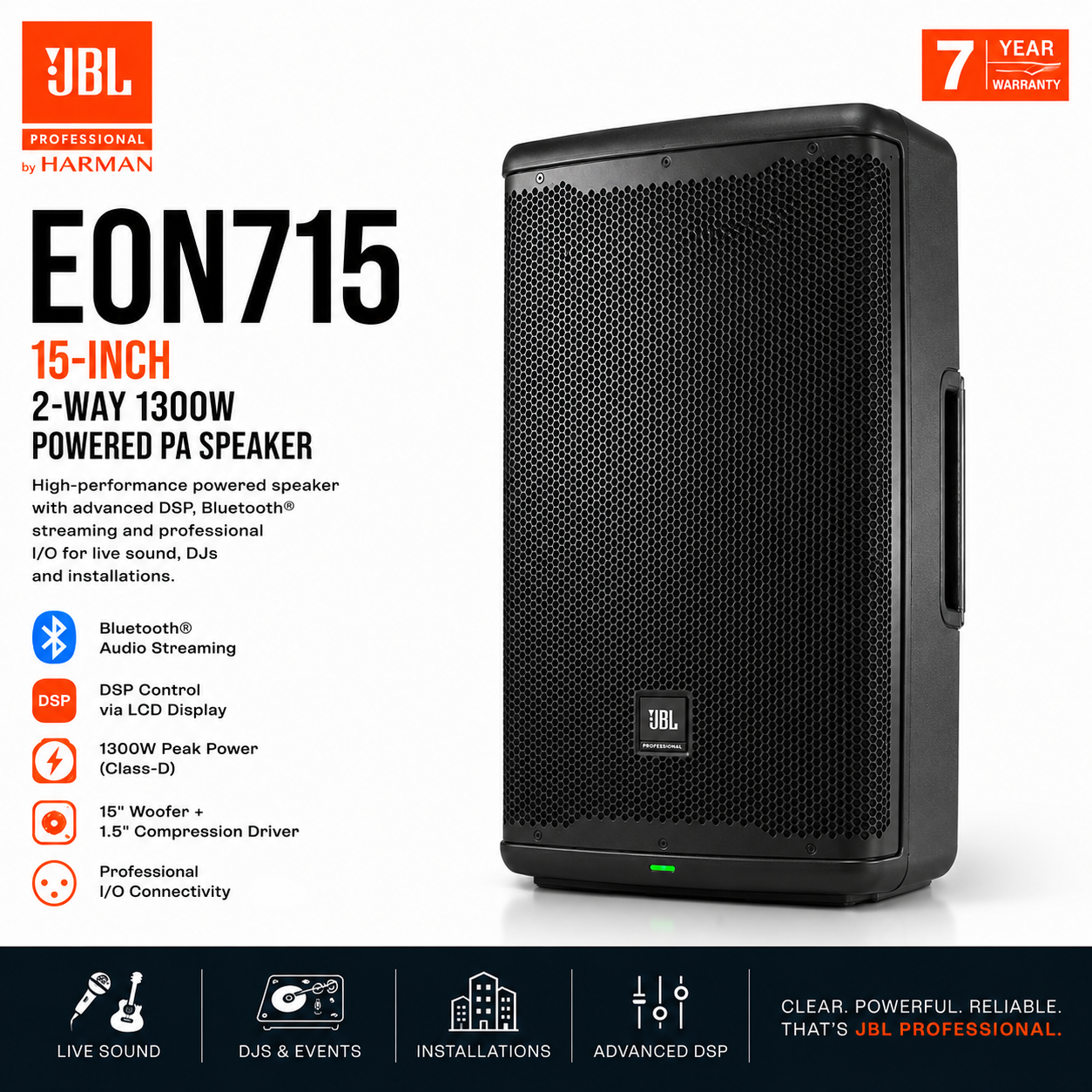 JBL EON715 – 15-Inch 2-Way 1300W Powered PA Speaker with Bluetooth Audio Streaming & DSP Control for Live Sound, DJs, and Installations