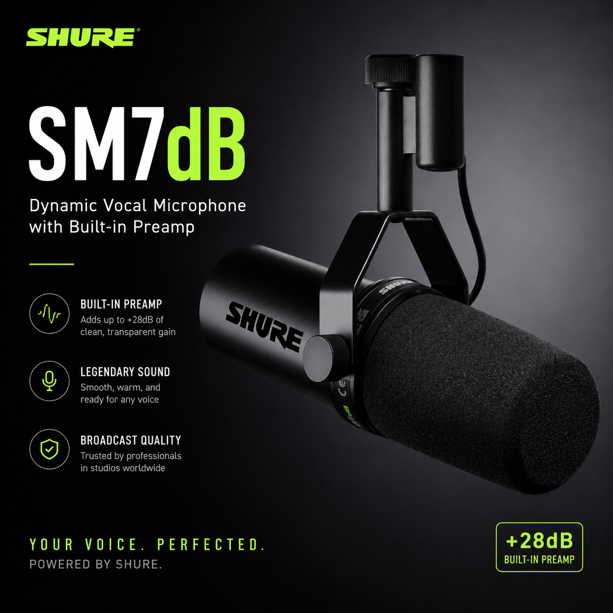 Shure SM7dB – 内置前置放大器的动圈人声麦克风