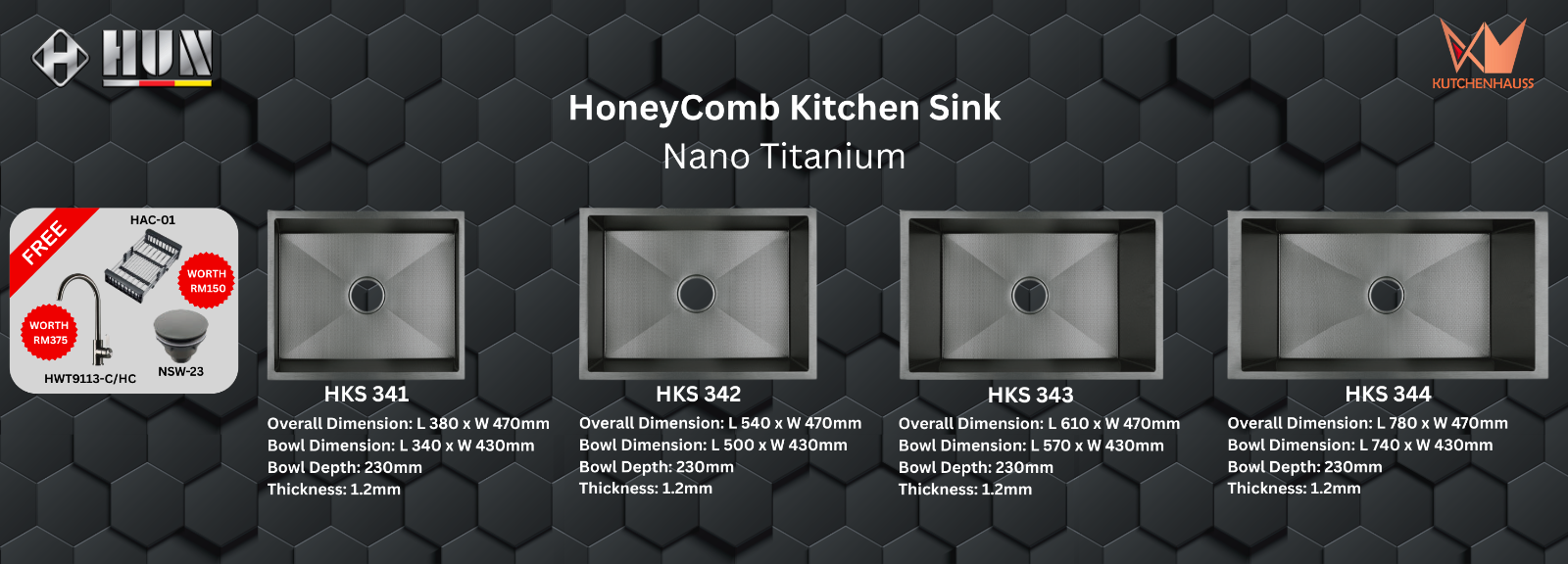 HUN - HoneyComb Kitchen Sink Single Bowl Package (Nano Titanium) | HKS 341, HKS 342, HKS 343, HKS 344