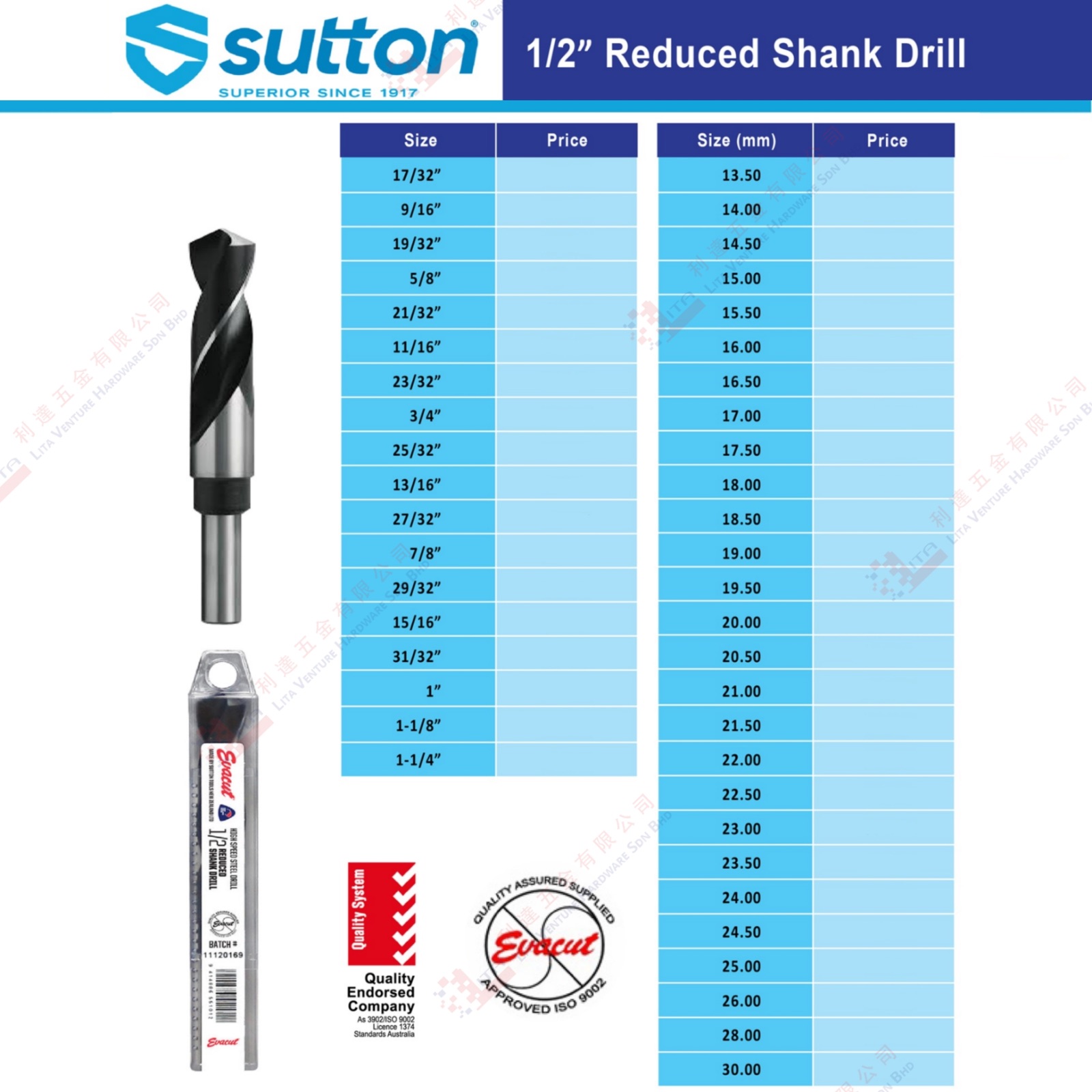 EVACUT BRAND REDUCES SHANK DRILL