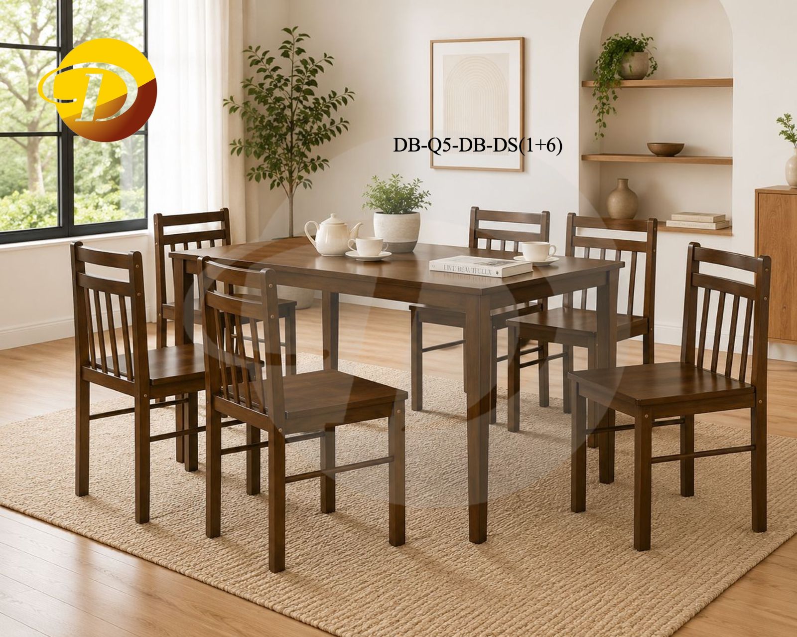 Affordable Q5 Wooden Dining Chair + 3 x 5 Table - Full Solid Dining (1+6) Dark Brown Dining Set